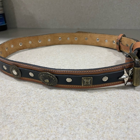 Leather Waist Belt Metal Rivet Studded Waistband Coins Stars Squares 30-35” EUC - Picture 6 of 8